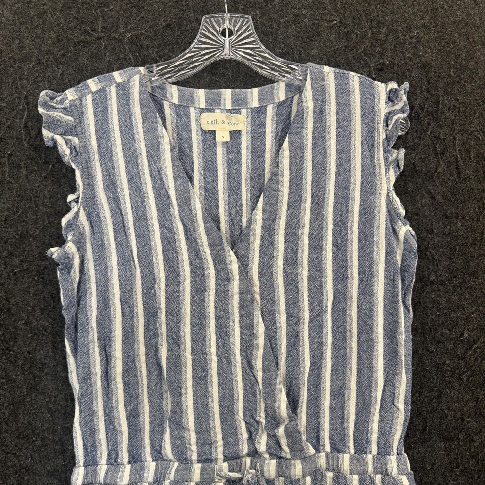 Cloth & Stone Romper Women's Small Blue Striped Ruffle Sleeve Linen Blend - Picture 2 of 10